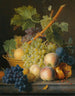 a still life with grapes and peaches in a basket, an open pomegranate, plums, black grapes, and more peaches, all on a marble ledge - Jan Frans van Dael — artwork view