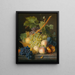 a still life with grapes and peaches in a basket, an open pomegranate, plums, black grapes, and more peaches, all on a marble ledge - Jan Frans van Dael — framed artwork on a wall