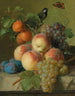 a Still life with peaches, grapes, and plums on a stone ledge with a bird and a butterfly - Jan Frans van Dael — artwork view