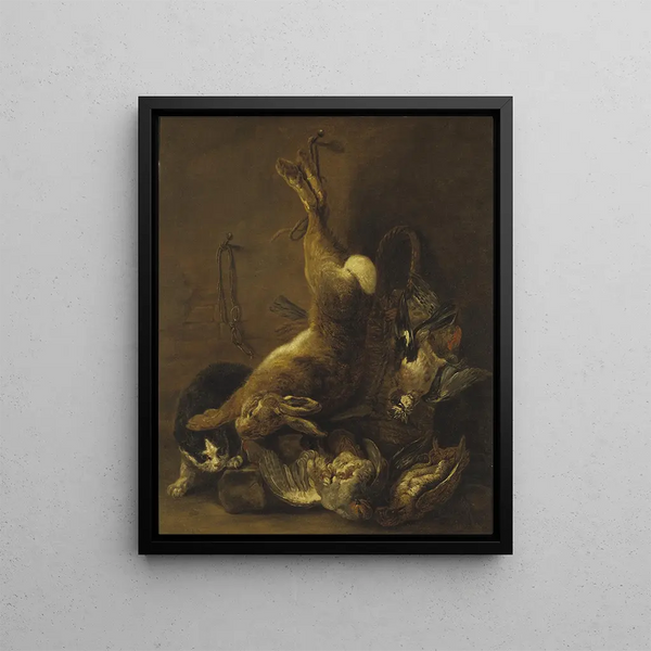 a Cat and Still Life with Game - Jan Fyt — framed artwork on a wall
