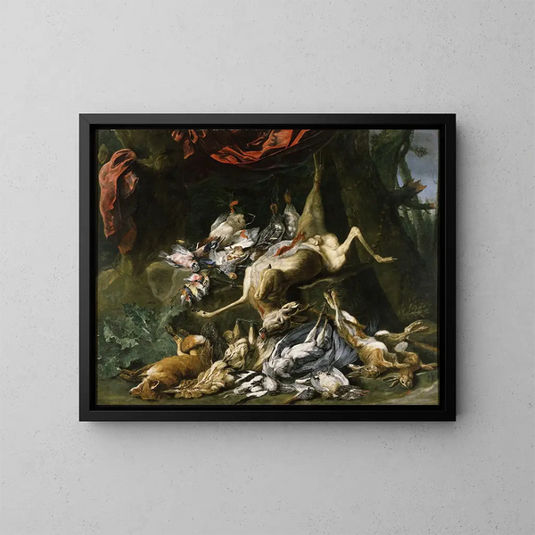 Hunting still life painting with abundant game - Jan Fyt — framed artwork on a wall