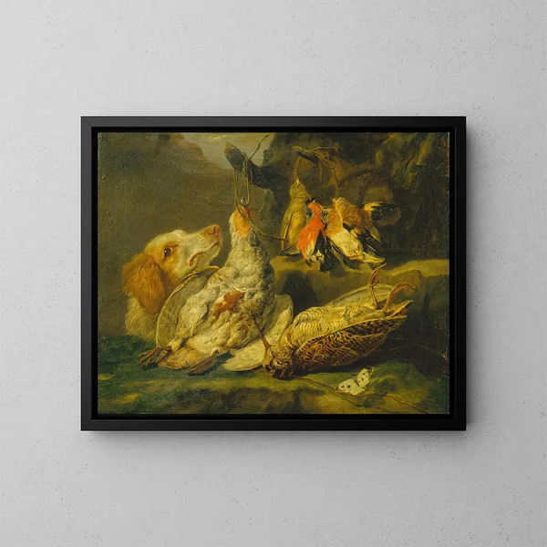 Still life with hunting dog and dead poultry - Jan Fyt — framed artwork on a wall