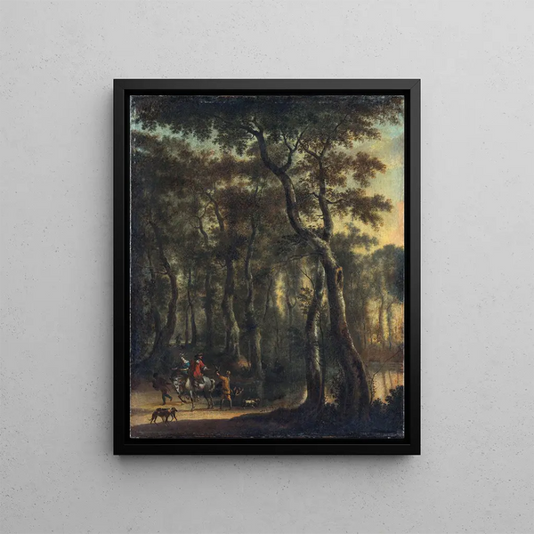Hunters in the Woods - Jan Hackaert — framed artwork on a wall