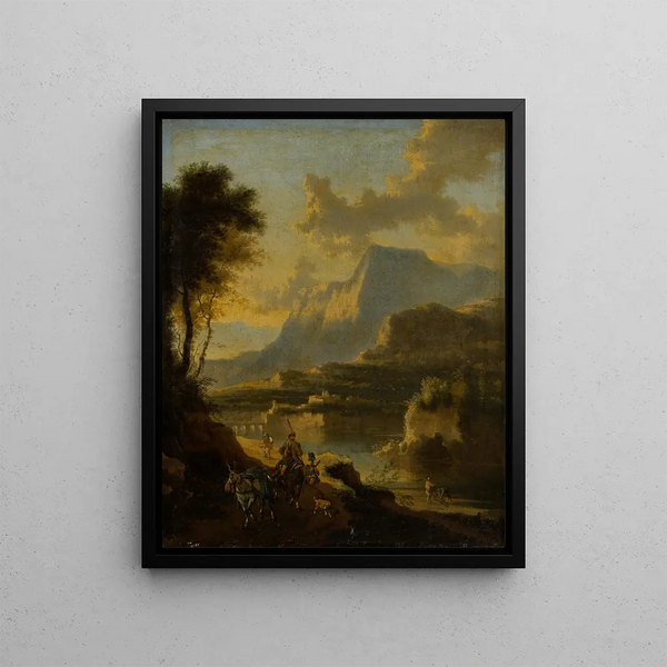 Mountain landscape painting with rider at sunset - Jan Hackaert — framed artwork on a wall