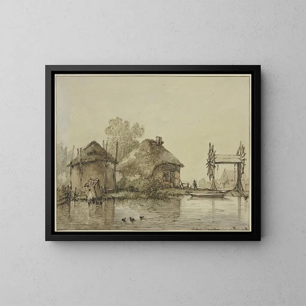 A house with barn and a lock with two wheels by a canal - Jan Hulswit — framed artwork on a wall