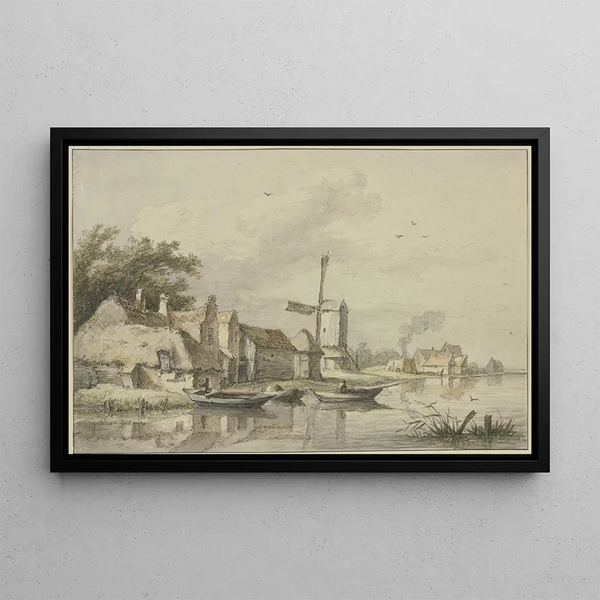 Village painting with a windmill by the water - Jan Hulswit — framed artwork on a wall