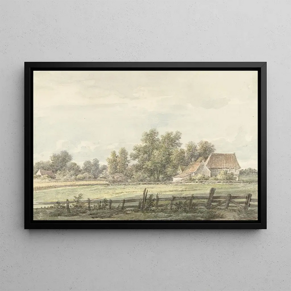 Landscape Painting with Farm - Jan Hulswit — framed artwork on a wall