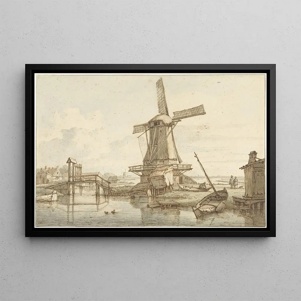 Landscape Painting with Windmill - Jan Hulswit — framed artwork on a wall