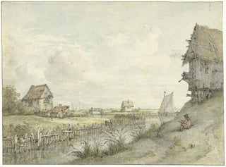 River landscape painting with a sketcher drawing among huts - Jan Hulswit — artwork view