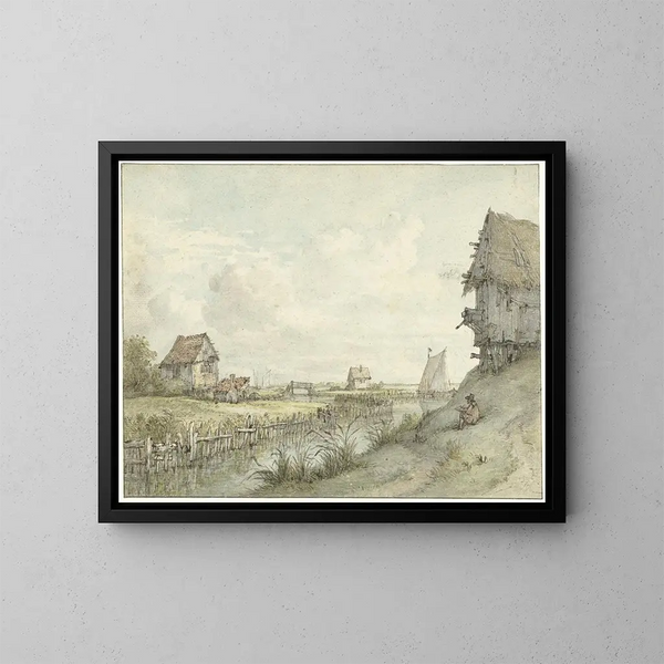 River landscape painting with a sketcher drawing among huts - Jan Hulswit — framed artwork on a wall