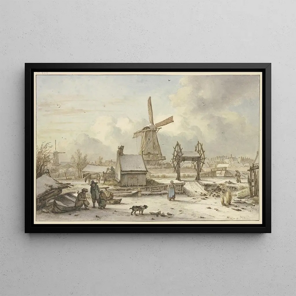 Winter landscape painting with boat lift and windmill - Jan Hulswit — framed artwork on a wall