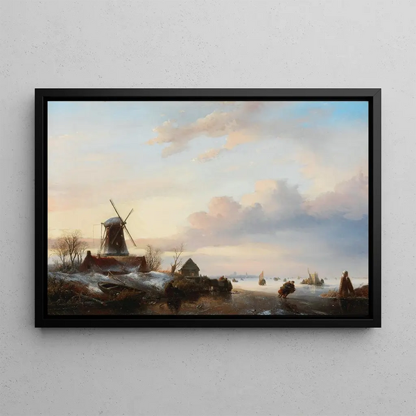 Winter landscape painting with skaters near a windmill - Jan Jacob Coenraad Spohler — framed artwork on a wall