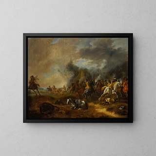 A cavalry skirmish - Jan Jacobsz van der Stoffe — framed artwork on a wall