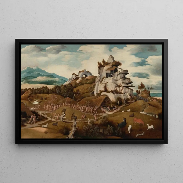Landscape with an Episode of the Conquest of America - Jan Jansz Mostaert — framed artwork on a wall