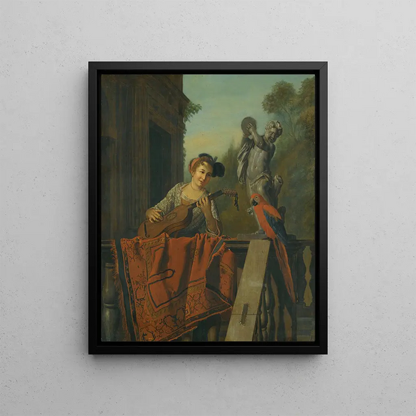 an elegant figure playing guitar on a balustrade with a parrot - Jan Josef Horemans the Elder — framed artwork on a wall