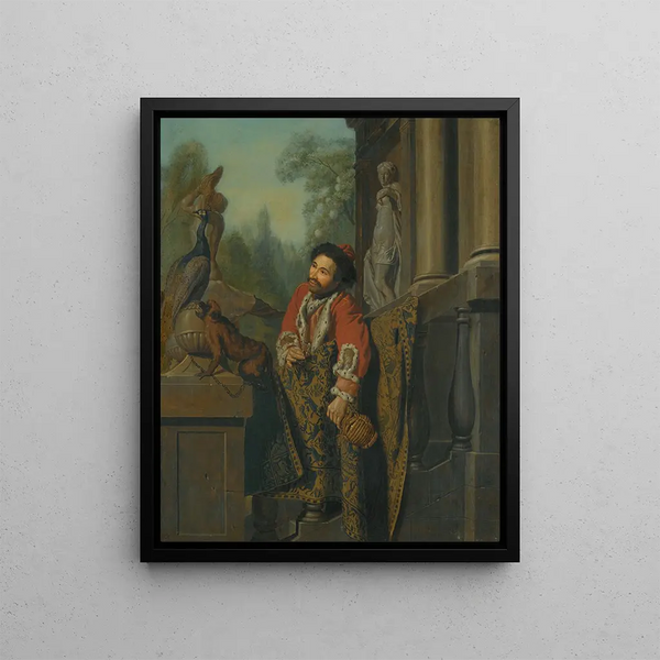 An elegant Turkish gentleman at a balustrade - Jan Josef Horemans the Elder — framed artwork on a wall