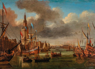 View of the IJ in Amsterdam with the Haringpakkerstoren and the Nieuwe Stadsherberg in the distance - Jan Karel Donatus van Beecq — artwork view
