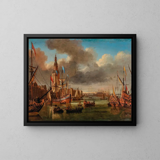 View of the IJ in Amsterdam with the Haringpakkerstoren and the Nieuwe Stadsherberg in the distance - Jan Karel Donatus van Beecq — framed artwork on a wall