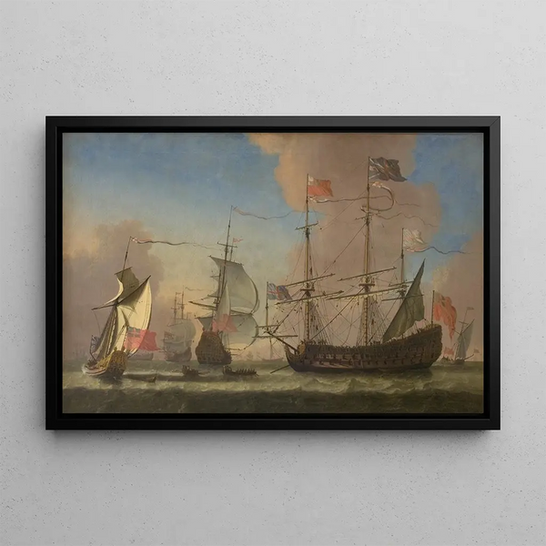 English warship painting at sea by fresh wind - Jan Karel Donatus van Beecq — framed artwork on a wall