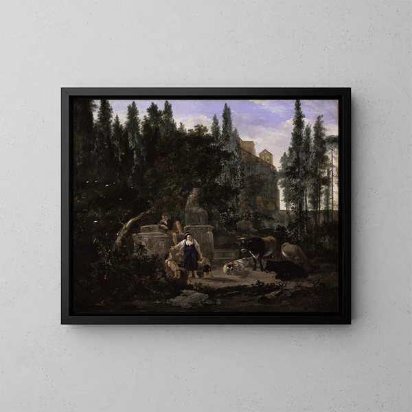 an Italian landscape with figures and livestock - Jan Lapp — framed artwork on a wall