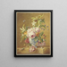 A bouquet of flowers in a blue vase with three butterflies in front on the right, a snail - Jan Matthias Kok — framed artwork on a wall