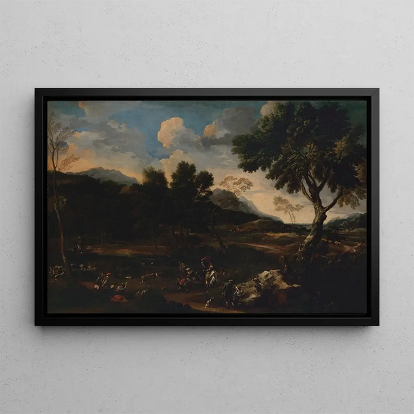 Landscape with a Battle Between Two Rams - Jan Miel — framed artwork on a wall