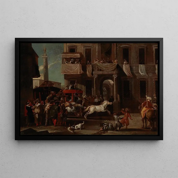 The Berber Horse Race in Rome - Jan Miel — framed artwork on a wall