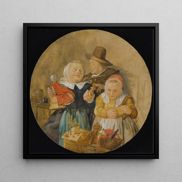 an interior with a man holding a flute and two children playing with their toys - Jan Miense Molenaer — framed artwork on a wall