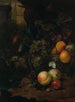 Fruit painting in a wicker basket with a snail, a dragonfly, and a mouse on a rock, a landscape beyond - Jan Mortel — artwork view