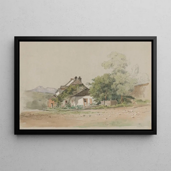 Village Cottage Painting - Jan Nowopack — framed artwork on a wall