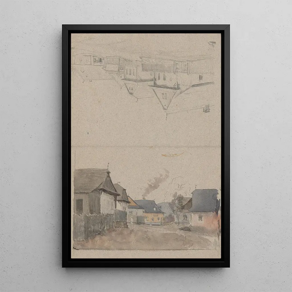 Village motif painting - Jan Nowopack — framed artwork on a wall