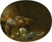 Kitchen still life painting with a hare, a duck, artichokes, cabbage, pears, a fish on a terracotta dish, and pots - Jan Olis — artwork view