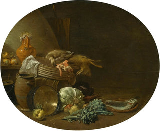 Kitchen still life painting with a hare, a duck, artichokes, cabbage, pears, a fish on a terracotta dish, and pots - Jan Olis — artwork view