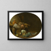 Kitchen still life painting with a hare, a duck, artichokes, cabbage, pears, a fish on a terracotta dish, and pots - Jan Olis — framed artwork on a wall