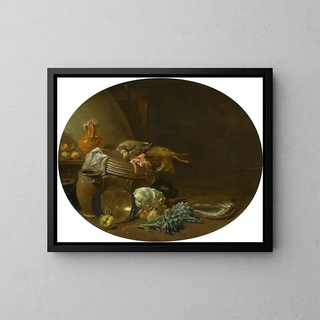 Kitchen still life painting with a hare, a duck, artichokes, cabbage, pears, a fish on a terracotta dish, and pots - Jan Olis — framed artwork on a wall