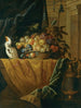 Nature morte with a basket of fruits and a parrot on a draped damask border next to a porphyry vase mounted in gilded bronze - Jan Pauwel Gillemans the Younger — artwork view