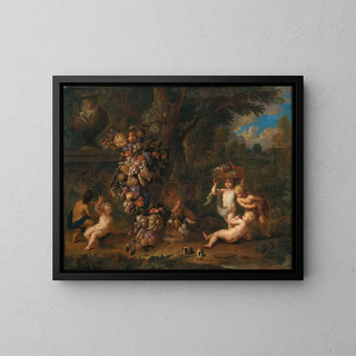 Landscape with Six Putti Playing with a Garland of Fruits and Two Guinea Pigs in the Foreground - Jan Pauwel Gillemans the Younger — framed artwork on a wall