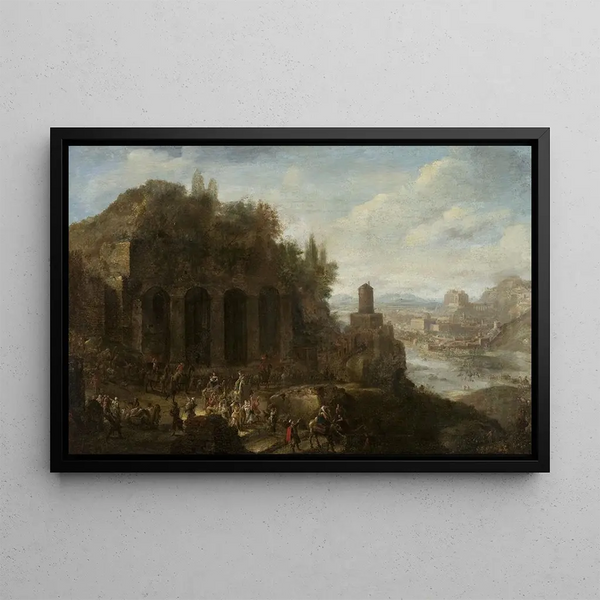 Landscape with View of a Port City - Jan Peeters the Elder — framed artwork on a wall