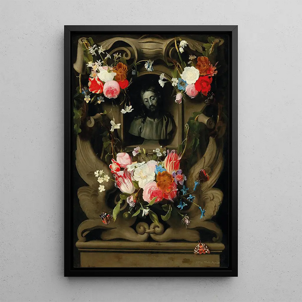 Flower Garland Painting Surrounding a Cartouche with a Bust of Christ - Jan Philips van Thielen — framed artwork on a wall