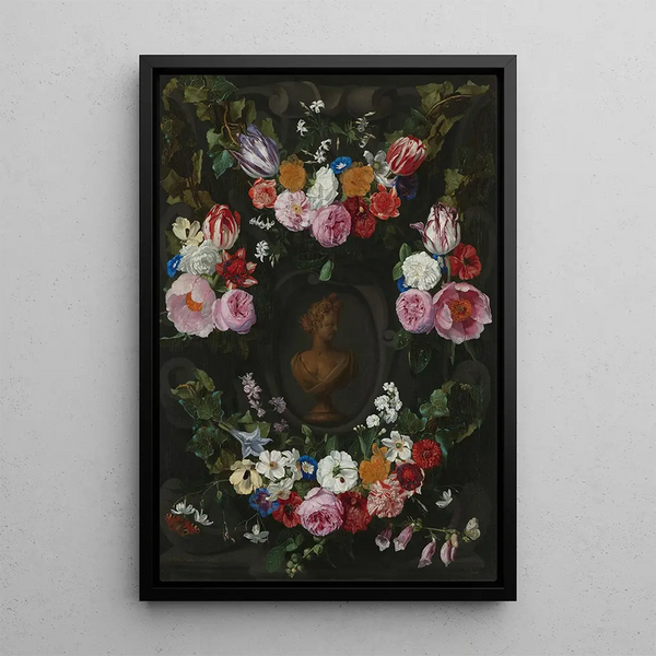 Cartouche décoré de guirlandes et bouquets de fleurs - Jan Philips van Thielen — framed artwork on a wall