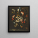 an iris, carnations, roses, and other flowers in a glass vase on a ledge with butterflies - Jan Pieter Brueghel — framed artwork on a wall