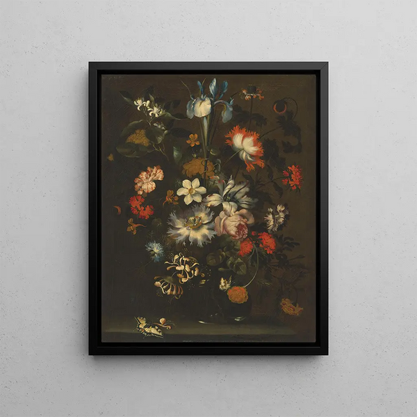 an iris, carnations, roses, and other flowers in a glass vase on a ledge with butterflies - Jan Pieter Brueghel — framed artwork on a wall