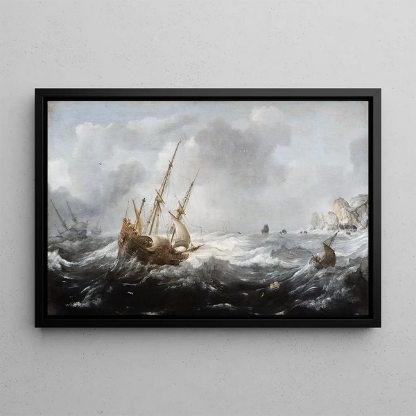 Ships in a Storm on a Rocky Coast - Jan Porcellis — framed artwork on a wall