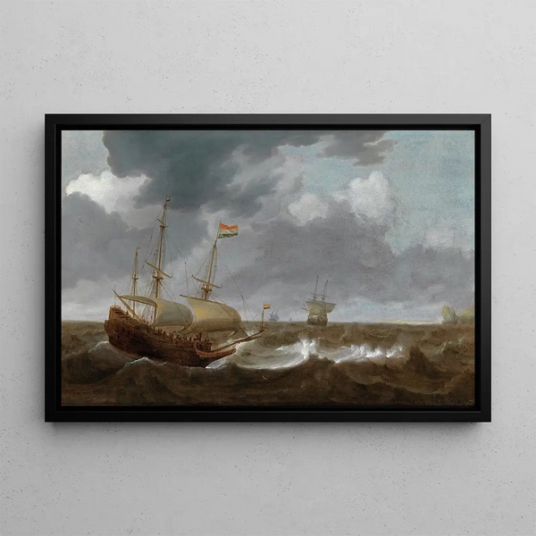 Ships on a turbulent sea - Jan Porcellis — framed artwork on a wall