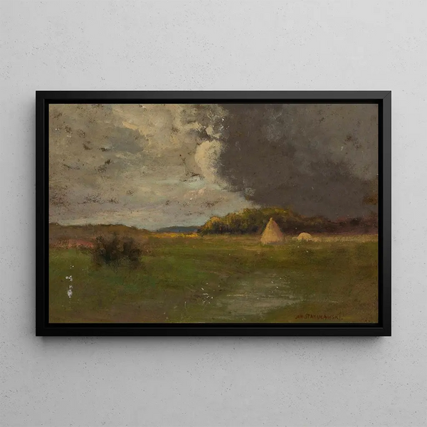 Landscape Painting with a Haystack - Jan Stanisławski — framed artwork on a wall