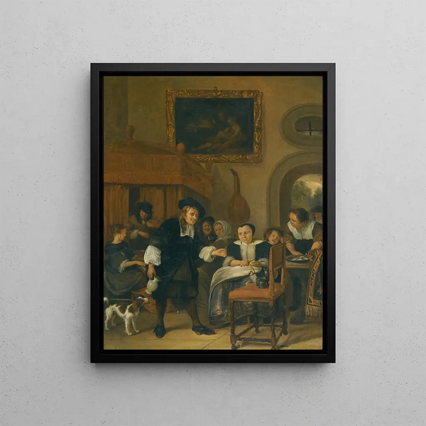 a gentleman offering a glass of wine to a lady with a couple making music and other city inhabitants indoors - Jan Steen — framed artwork on a wall