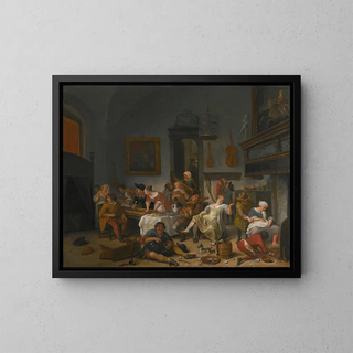 Interior tavern scene with people drinking and making music - Jan Steen — framed artwork on a wall