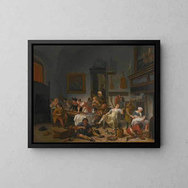 Interior tavern scene with people drinking and making music - Jan Steen — framed artwork on a wall
