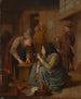 A tavern interior with a woman smoking a pipe and a man cutting tobacco - Jan Steen — artwork view