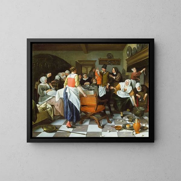 Celebration of Birth - Jan Steen — framed artwork on a wall